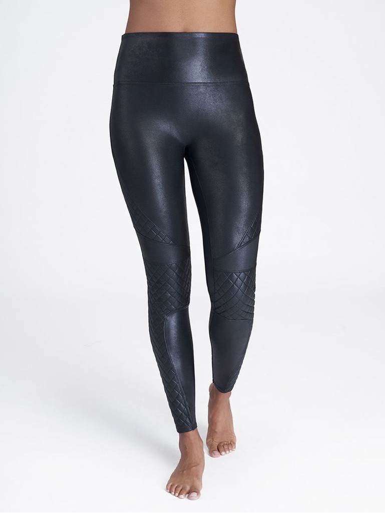 Spanx High-Waist Black Faux-Leather Quilted Moto Leggings Tummy Control Small